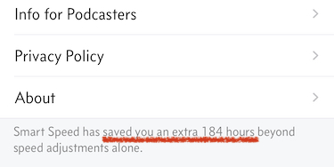 Overcast App about screen, showing 184 hours of time saved
