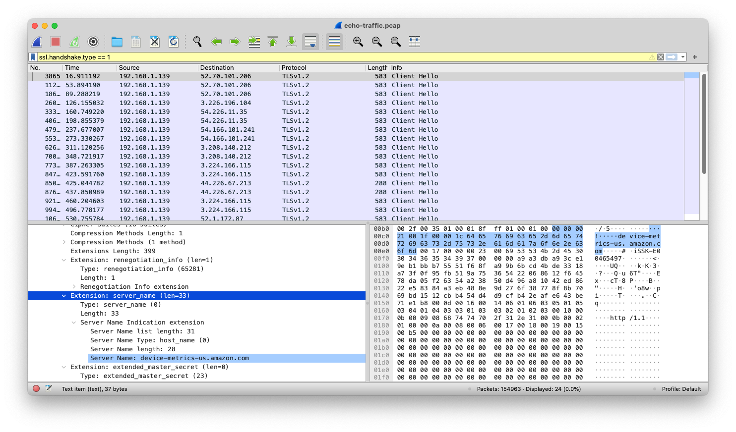 Wireshark UI filtered for TLS handshake